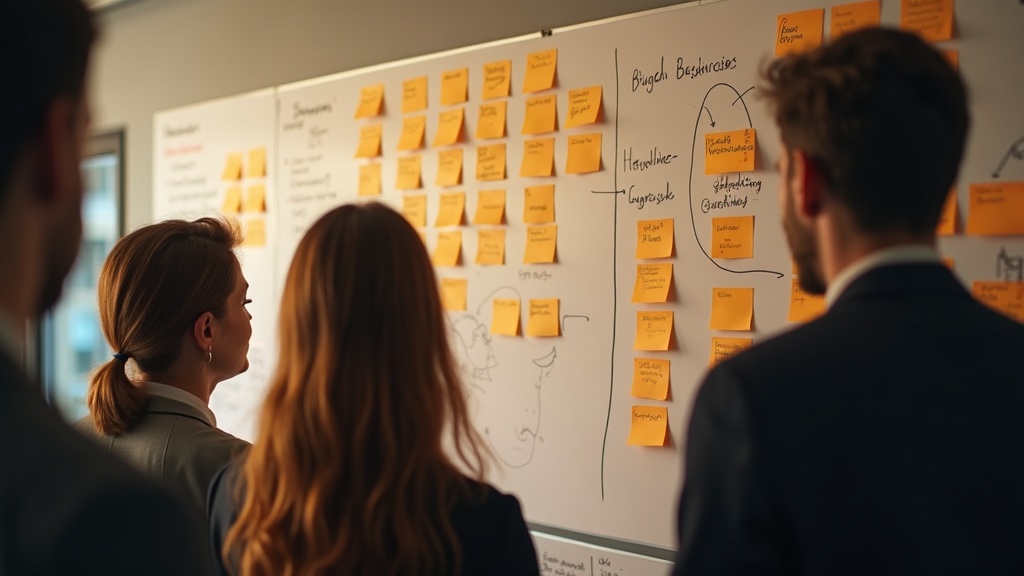 Besprechung mit festgehaltenen Notizen an der Wand
