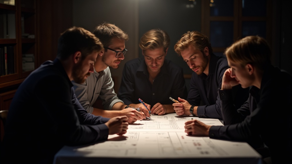 Planungsbesprechung am Tisch mit ausgebreiteten Plänen im warmen Licht